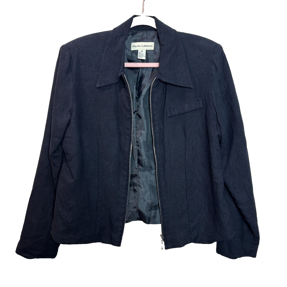 Vintage Minimalist Classic Chic Black Raw Silk Front Zip SZ 12‎ Boxy Jacket y2k